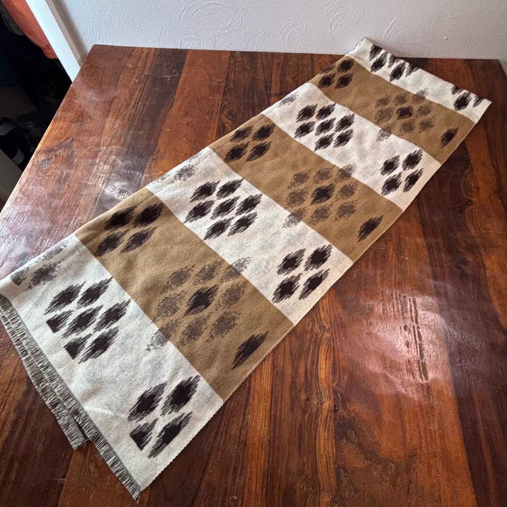 Ikat Diamond Reversible Oversized Wrap Scarf Brown Tan Fringed Shawl‎ 63x27